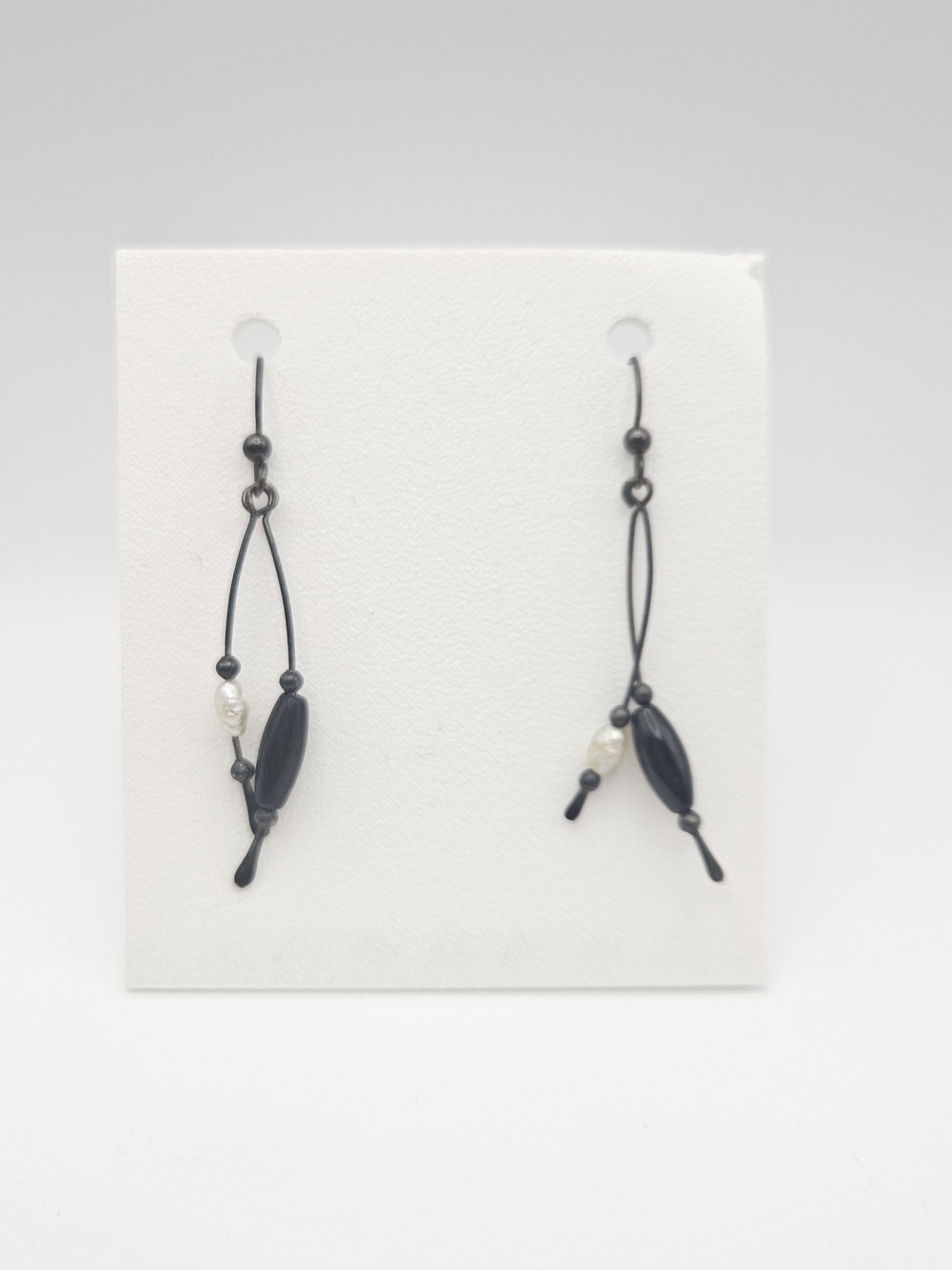 Handcrafted Sterling Silver Black Drop Earrings with Pearl Detail